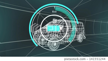 Showing wireframe compact SUV-style vehicle centered in virtual tunnel, displaying 100% battery HUD 141551244