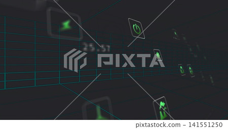 Floating clear UI tiles and converging teal grid in virtual corridor, showing green icons Floating clear UI tiles and converging teal grid in virtual corridor, showing green icons 141551250