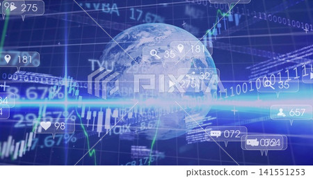 Displaying translucent Earth globe linking market data on blue grid, with candlestick bars Displaying translucent Earth globe linking market data on blue grid, with candlestick bars 141551253