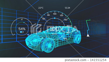 Showing cyan wireframe car, grid-room HUD showing speed 100km or h, battery 54%, nav arrow, 22°C or Showing cyan wireframe car, grid-room HUD showing speed 100km or h, battery 54%, nav arrow, 22°C or 141551254