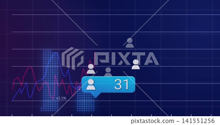 Displaying blue callout bubble showing user icon 31 on data dashboard with lines, dotted bars +2 141551256