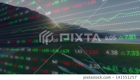 Overlaying financial tickers across lakeshore, showing green line chart and up down indicators Overlaying financial tickers across lakeshore, showing green line chart and up down indicators 141551257