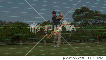 Swinging male golfer in striped polo, slacks on fairway, club tracked by teal grid, traces, labels Swinging male golfer in striped polo, slacks on fairway, club tracked by teal grid, traces, labels 141551264
