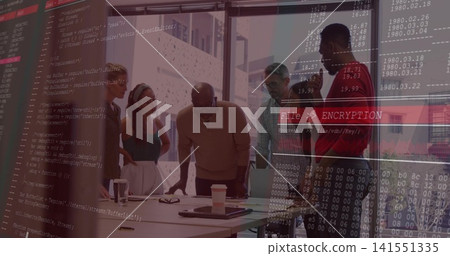 Reviewing six-person team wearing business casual leaning over laptop at meeting, FileENCRYPTION 141551335