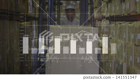 Driving man in white hard hat operating forklift in aisle between tall racks, with data overlay Driving man in white hard hat operating forklift in aisle between tall racks, with data overlay 141551347