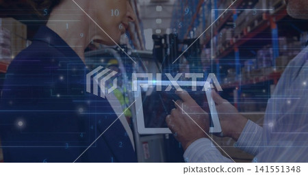 Checking tablet, worker reviewing logistics in warehouse aisle, showing HUD, blazer, vest, hard hat Checking tablet, worker reviewing logistics in warehouse aisle, showing HUD, blazer, vest, hard hat 141551348