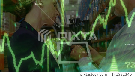Examining managers wearing shirt and blazer viewing tablet at warehouse with forklift green overlay Examining managers wearing shirt and blazer viewing tablet at warehouse with forklift green overlay 141551349