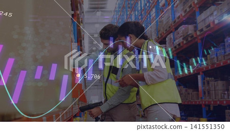 Scanning staff in vests scanning labels with scanner, checking tablet in warehouse aisle with data Scanning staff in vests scanning labels with scanner, checking tablet in warehouse aisle with data 141551350