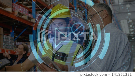 Scanning worker in yellow hard hat, hi-vis vest using handheld scanner in pallet racking aisle, HUD Scanning worker in yellow hard hat, hi-vis vest using handheld scanner in pallet racking aisle, HUD 141551351