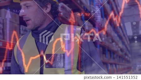 Inspecting depot worker wearing yellow hardhat hi-vis vest walking aisle stock overlay, copy space 141551352