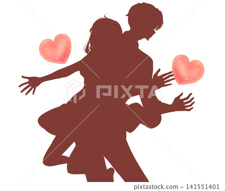 A man and woman with outstretched arms and a heart shape; romance; back to back; silhouette. A man and woman with outstretched arms and a heart shape; romance; back to back; silhouette. 141551401