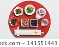 Japanese sake (chilled) and Japanese food, half-moon shaped tray and chopstick wrapper with the character for "longevity" | White background Japanese sake (chilled) and Japanese food, half-moon shaped tray and chopstick wrapper with the character for "longevity" | White background 141551443