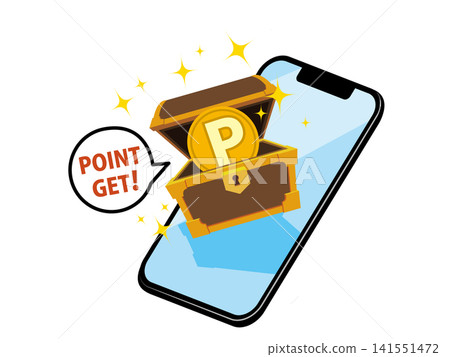 插圖顯示一個寶箱和 P 幣從智慧型手機螢幕中彈出，表示正在獲得積分。 141551472
