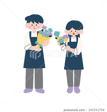 Illustrations of a man and woman working at a flower shop Illustrations of a man and woman working at a flower shop 141551754