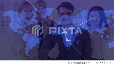 Displaying four colleagues in suits giving thumbs up in office with map overlay and nodes Displaying four colleagues in suits giving thumbs up in office with map overlay and nodes 141551887