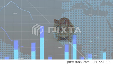 Sitting orange tabby cat overlaying digital dashboard, showing cyan bars and blue line graph Sitting orange tabby cat overlaying digital dashboard, showing cyan bars and blue line graph 141551902