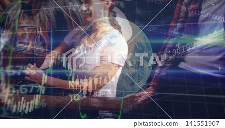 Holding girl's hands woman in white tee embracing from behind in transit crowd with globe charts Holding girl's hands woman in white tee embracing from behind in transit crowd with globe charts 141551907