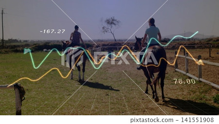 Riding two women wearing helmets and boots, guiding horses across equestrian arena, HUD readouts Riding two women wearing helmets and boots, guiding horses across equestrian arena, HUD readouts 141551908