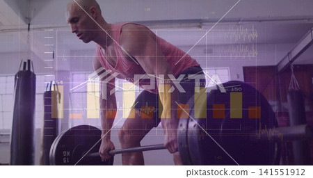 Deadlifting muscular man wearing pink tank, dark shorts in gym, with 15KG barbell, heavy bags, HUD Deadlifting muscular man wearing pink tank, dark shorts in gym, with 15KG barbell, heavy bags, HUD 141551912