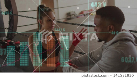 Talking boxer in sportswear gesturing, trainer leaning in boxing ring with gloves and data overlay Talking boxer in sportswear gesturing, trainer leaning in boxing ring with gloves and data overlay 141551930