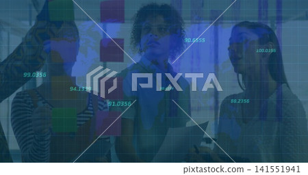 Planning three staff in polos pointing at glass with sticky notes and tablet data overlay Planning three staff in polos pointing at glass with sticky notes and tablet data overlay 141551941