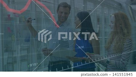 Pointing man in button-down holding marker guiding team at office, red trend line on glass panel 141551945