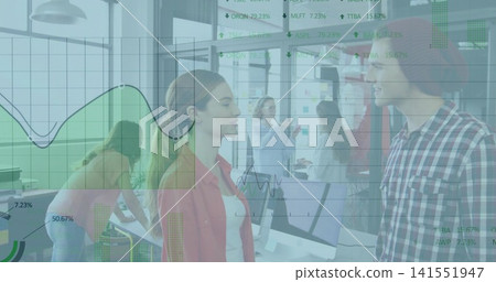 Talking staff in red-plaid-shirts checking data in open office with glass partition and charts Talking staff in red-plaid-shirts checking data in open office with glass partition and charts 141551947