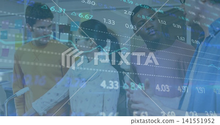 Reviewing five coworkers in business attire at workstation, displaying financial charts on monitors Reviewing five coworkers in business attire at workstation, displaying financial charts on monitors 141551952
