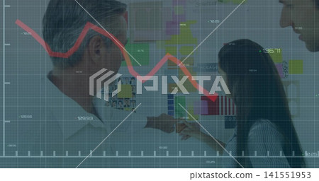 Discussing team in business attire pointing at planning board with sticky notes, noting red trend Discussing team in business attire pointing at planning board with sticky notes, noting red trend 141551953