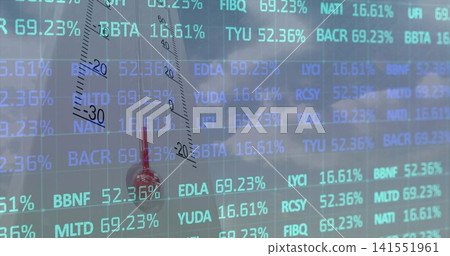 Displaying stock ticker grid on trading monitor, showing codes, percentages, protractor, glass bulb Displaying stock ticker grid on trading monitor, showing codes, percentages, protractor, glass bulb 141551961
