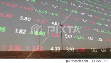 Displaying translucent market-data overlay covering wind farm at dusk, showing turbines and tickers 141551962