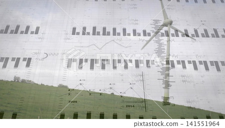 Displaying wind turbine rising from grassy hillside with tree line, overlaying gridlines and charts Displaying wind turbine rising from grassy hillside with tree line, overlaying gridlines and charts 141551964