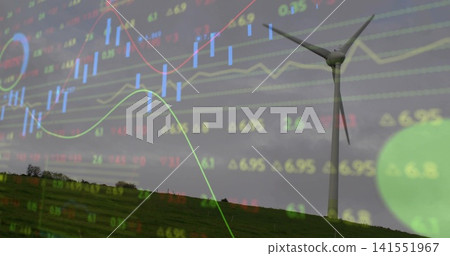 Showing white turbine standing on rural hill, overlaid with charts and green circle, copy space Showing white turbine standing on rural hill, overlaid with charts and green circle, copy space 141551967