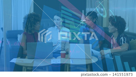 Discussing four colleagues in smart casual at office lounge, with laptops, papers, data overlays Discussing four colleagues in smart casual at office lounge, with laptops, papers, data overlays 141551973
