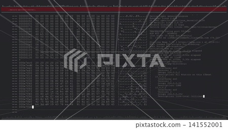 Displaying dual-pane console showing hex dump and network scan output on monitor, blinking cursor Displaying dual-pane console showing hex dump and network scan output on monitor, blinking cursor 141552001