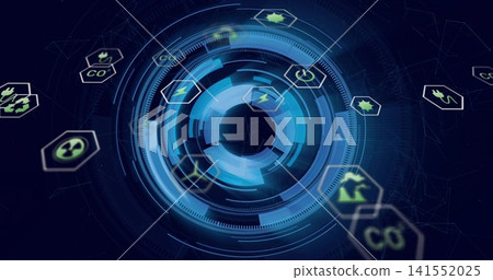 Rotating central holographic dashboard displaying energy and environment hex icons in virtual HUD 141552025