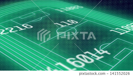 Rendering soccer pitch glowing neon green in analytics UI, with white lines and numeric overlays Rendering soccer pitch glowing neon green in analytics UI, with white lines and numeric overlays 141552026