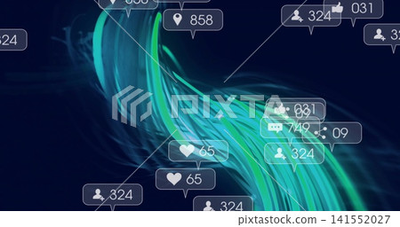 Flowing teal-green ribbon streaming across digital navy scene, with lit UI badges showing counts 141552027