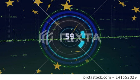 Pulsing central circular HUD displaying 59 PERCENT on digital dashboard, showing neon wedges Pulsing central circular HUD displaying 59 PERCENT on digital dashboard, showing neon wedges 141552029