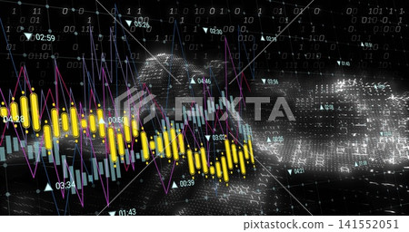 Displaying layered financial charts in data space, showing yellow candles, purple line, cyan bars Displaying layered financial charts in data space, showing yellow candles, purple line, cyan bars 141552051