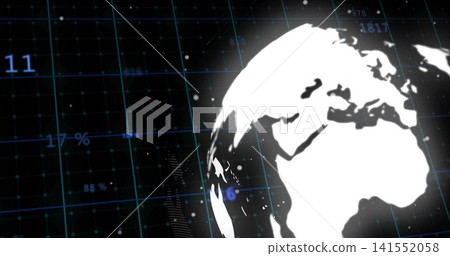 Displaying large stylized globe on right, rotating over cyan grid with percent labels and points Displaying large stylized globe on right, rotating over cyan grid with percent labels and points 141552058