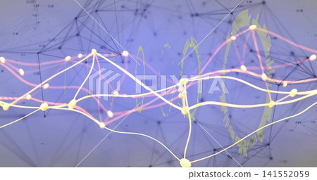 Flowing glowing waveform lines and nodes weaving across digital data space, with HUD Flowing glowing waveform lines and nodes weaving across digital data space, with HUD 141552059