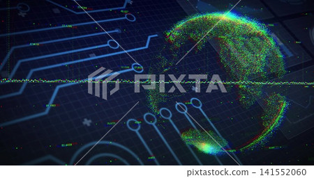 Rotating RGB point-cloud globe hovering on dark grid plane, showing circuit traces, labels Rotating RGB point-cloud globe hovering on dark grid plane, showing circuit traces, labels 141552060