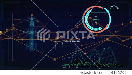 Displaying futuristic HUD showing data on mission console with rocket wireframe and energy gauge Displaying futuristic HUD showing data on mission console with rocket wireframe and energy gauge 141552061