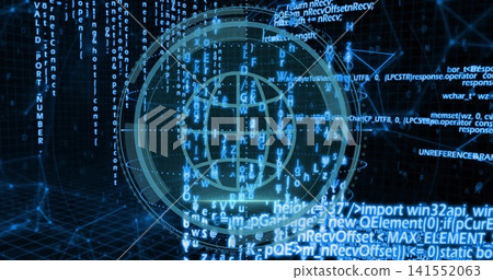 Displaying central hologram globe with concentric rings, streaming code over 3D grid in cyberspace 141552063