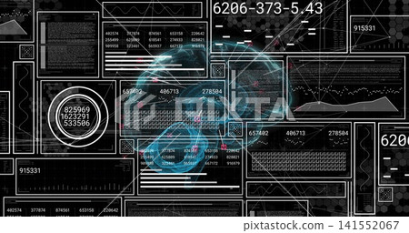 Glowing cyan-blue holograms drifting over virtual dashboard, showing gauge, charts, matrices Glowing cyan-blue holograms drifting over virtual dashboard, showing gauge, charts, matrices 141552067