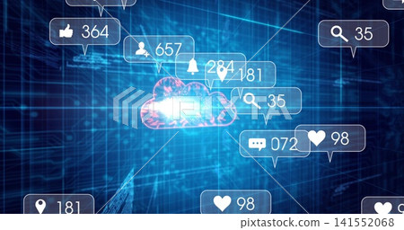 Glowing cloud icon emitting blue-pink burst in virtual grid, with notification bubbles and counters Glowing cloud icon emitting blue-pink burst in virtual grid, with notification bubbles and counters 141552068