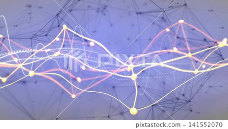 Flowing abstract network moving across purple-blue gradient, with glowing spherical nodes and mesh Flowing abstract network moving across purple-blue gradient, with glowing spherical nodes and mesh 141552070