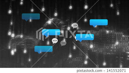 Floating blue chat bubble cluster glowing in cyberspace, with falling binary digits and nodes Floating blue chat bubble cluster glowing in cyberspace, with falling binary digits and nodes 141552071