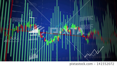 Displaying trading terminal chart showing candle line, green bars, red line and white mini chart Displaying trading terminal chart showing candle line, green bars, red line and white mini chart 141552072